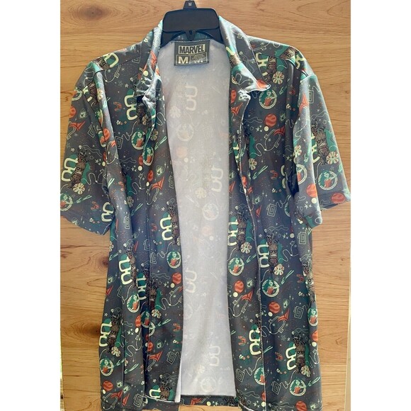 Marvel Shirt Mens M Gray Loot Crate Guardians Of The Galaxy Hawaiian Tiki Button - Picture 4 of 8